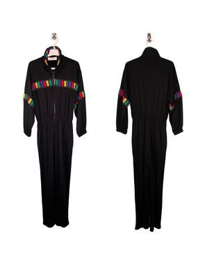 Vintage David Brown California Jumpsuit Black 80s Size Medium Front Zip
